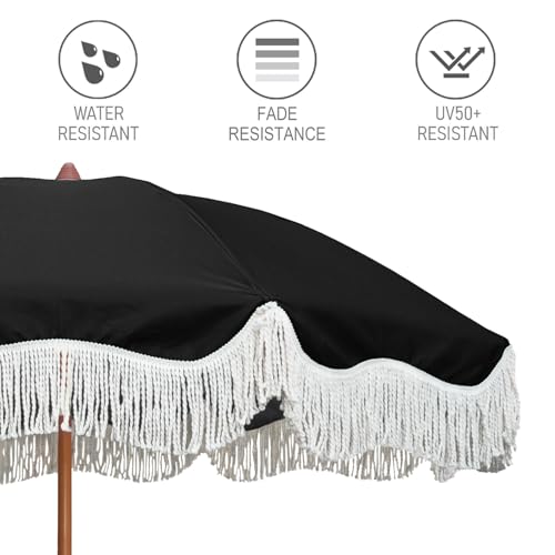 AMMSUN Boho Fringe Umbrella Outdoor Patio, 6.5ft UPF50+ Picnic Umbrella with Tassels with Steel Pole and Push Button Tilt, Noble Black - color: Noble Black