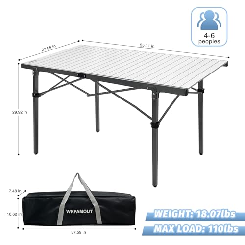 29.9" Tall Folding Camping Table for 2-6 Person, 54.7" Large Aluminum Foldable Roll-up Table Outdoor with Carry Bag for Picnic, Camp, Sturdy, Backyard, Patio - color: Silver