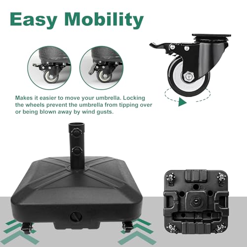 Patio Umbrella Base Heavy Duty with Wheels Square Market Stand for Outdoor 4 Locks 2 Knobs 125lb Capacity, Black - size: 125lb