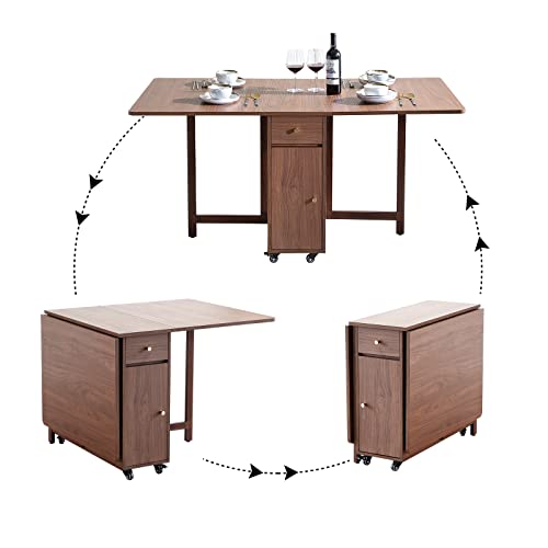COMUHOME Extendable Drop Leaf Foldable Dining Table with 2 Drawers and 4 Wheels for Living Room Kitchen Farmhouse Space Saving Table in Walnut - color: Walnut