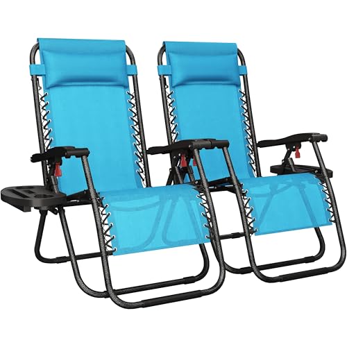 Yaheetech Zero Gravity Recliners Outdoor Adjustable Folding Reclining Lounge Chairs w/Pillows, Cup Holder Trays and Carry Strap for Patio Backyard Beach Light Blue Set of 2 - color: Light Blue