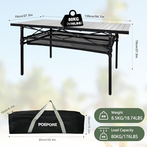 Large Folding Camping Table Aluminum with Storage for 4-6 People 55"X27.5" Roll Up Tall Outdoor Portable Table Lightweight with Carry Bag for Picnic BBQ Backyard Beach - color: Silver-55*27.5-2.08in Panel