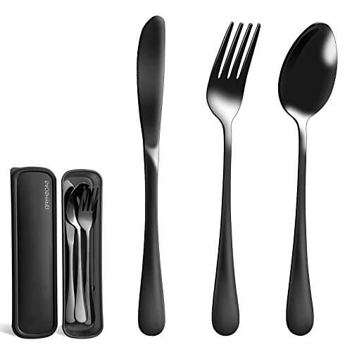 Portable Utensils Set with Case, 4pcs Stainless Steel Reusable Silverware for Lunch Camping School Picnic Workplace Travel, Lunch Box Includ Fork Spoon Knife,Easy to clean,Dishwasher Safe(Black) - color: Black1