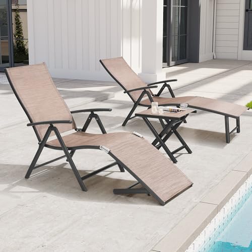 Crestlive Products 2PCS Chaise Lounge Chair Outdoor with 1PC Side Table, Aluminum Folding Patio Recliner Chair, Adjustable 8 Positions Assemble-Free - color: Espresso, size: 3 Pcs