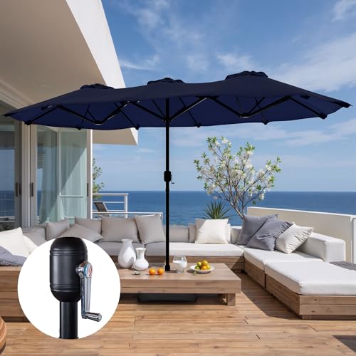 Shintenchi 16FT Large Patio Umbrella with Base Included, Outdoor Double-Sided Rectangular Shade with Crank Handle for Poolside Lawn, Deck & Garden, Dark Blue - color: Dark Blue, size: 16FT