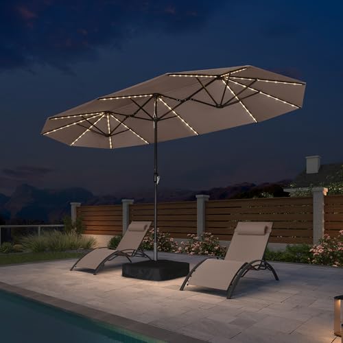 PURPLE LEAF 13ft Patio Market Umbrella with Solar LED and Base Double-Sided Rectangle Outdoor Table Sun Umbrellas with Crank for Pool Beach Deck Backyard Taupe - color: Taupe, size: 13' X 7' with Lights
