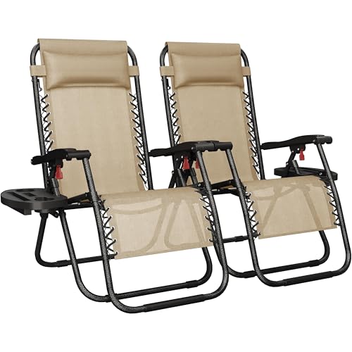 Yaheetech Zero Gravity Recliners Outdoor Adjustable Folding Reclining Lounge Chairs w/Pillows, Cup Holder Trays and Carry Strap for Patio Backyard Beach Beige Set of 2 - color: Beige