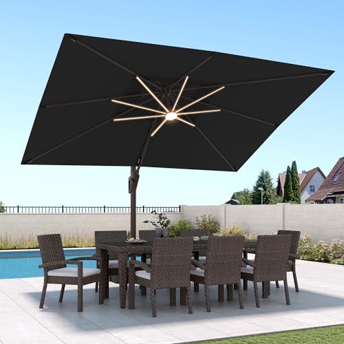 9 X 12 FT Cantilever Patio Umbrella with Led Lights Outdoor Heavy Duty Double Top Rectangle Offset Umbrellas with 360-degree Rotation for Pool Deck Backyard, Black - color: Black, size: 9' X12' Only Umbrella(LED)