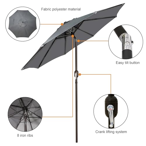 Blissun 9' Outdoor Patio Umbrella, Outdoor Table Umbrella, Yard Umbrella, Market Umbrella with 8 Sturdy Ribs, Push Button Tilt and Crank - color: Dark Grey