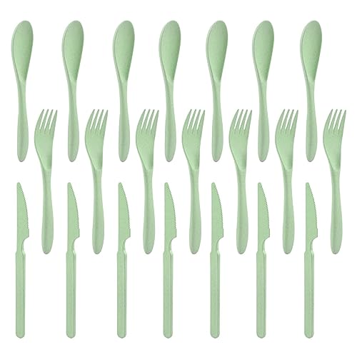Forks Spoons Knife Set, 21 Pieces Wheat Straw Cutlery Set, Reusable Utensil Set for 7, Unbreakable and Lightweight Utensils for Party, Travel, Work, Lunch, Picnic, Camping or Daily Use (Light Green) - color: Light Green