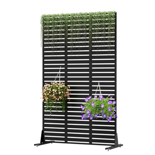 Cofar Metal Privacy Screen Outdoor 72" H×44" W -Black Freestanding Outdoor Privacy Panels with Stand, Decorative Fence for Patio, Deck, Balcony（Slatted） - style: 5-Panels Slatted_Black