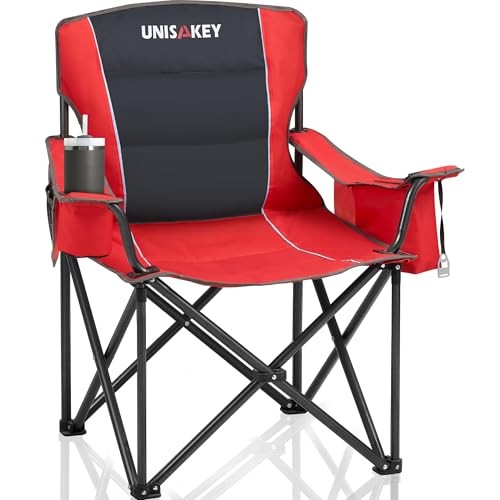 Unisakey Oversized Folding Camping Chair for Adults - 450lbs Support - Heavy Duty Portable Lawn Chairs with Side Pocket Cup Holder Cooler Bag for Sports Garden Beach Fishing, Red - color: Red