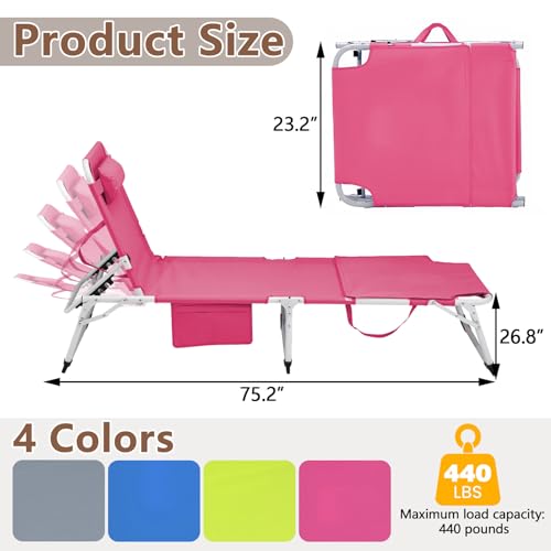 3-in-1 Heavy Duty Tanning Chair with Face Hole Adjustable 5-Position Folding Chaise Lounge Chairs Portable Lay Flat Beach Lounge Chair for Outdoor Sunbathing Patio Pool Lawn Camping Deck (Pink) - color: Pink