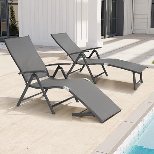 Crestlive Products Chaise Lounge Chair Outdoor Set of 2, Aluminum Folding Patio Recliner Chair, Adjustable 8 Positions Assemble-Free Perfect for Beach, Yard, Pool, Deck - color: Grey, size: 2 Pcs