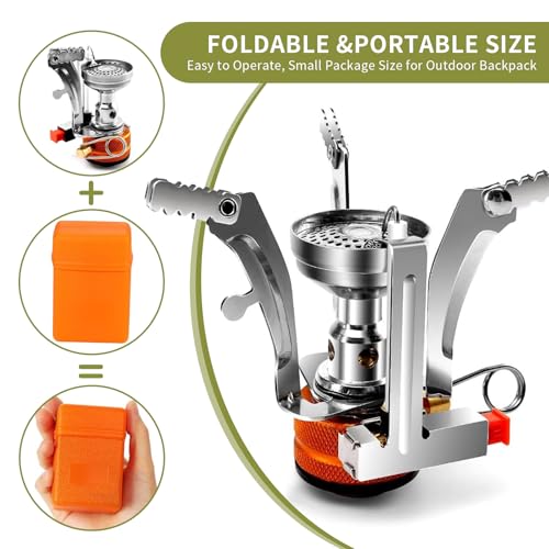aiGear 8pcs Camping Cookware Mess Kit, Camping Pot and Pan Set with Mini Backpacking Stove, Stainless Steel Cup, Spork and Tank Bracket, Cooking Gear for Hiking Camping Outdoor Picnic - color: Orange
