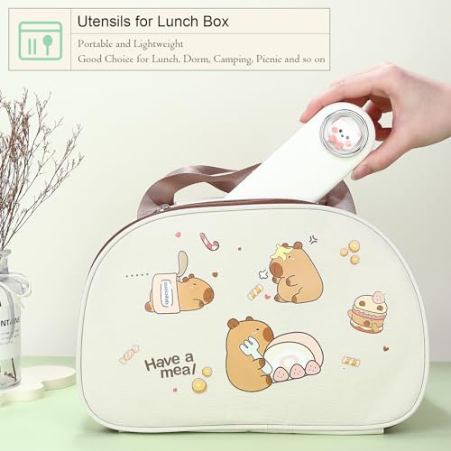 DEVICO Travel Utensils with Case Cute, Reusable Silverware for Lunch, Portable Cutlery Set, 18/8 Stainless Steel Fork Spoon Chopsticks in Cartoon Case, Dishwasher Safe (White) - color: White