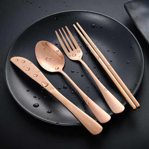 Boulder Bee Travel Utensils Set | Reusable Camping Cutlery Set | Stainless Steel Flatware Set | Portable Silverware Set with Case | Includes Knife/Fork/Spoon/Chopsticks/Cleaning Cloth/Case (Rose) - color: With Chopsticks-Rose