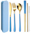 AARAINBOW 6 Pieces 18/8 Stainless Steel Flatware Set Portable Reusable Cutlery Set Travel Utensils Set Including Chopsticks Knife Fork Spoon Straws Cleaning Brush Dishwasher Safe (Blue golden) - color: Blue golden