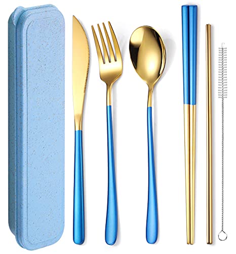 AARAINBOW 6 Pieces 18/8 Stainless Steel Flatware Set Portable Reusable Cutlery Set Travel Utensils Set Including Chopsticks Knife Fork Spoon Straws Cleaning Brush Dishwasher Safe (Blue golden) - color: Blue golden
