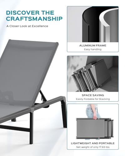 Ciokea Patio Chaise Lounge Chair, Foldable Lounge Chair for Outside, Aluminum Chairs Set of 2 with 5 Adjustable Backrest, Outdoor Pool Lounger for Poolside, Lawn, Deck, Grey - color: Grey, size: 2 Packs
