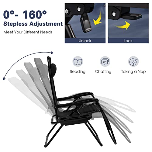 Goplus Zero Gravity Lounge Chairs, 160°Adjustable Folding Recliner w/Pillow and Cup Holder, 350LBS Comfy Outdoor Lounge Chairs for Patio, Lawn, Yard & Camp(1, Black) - color: Black, size: 35.4" x 25.2" x 43.3" (Set of 1)