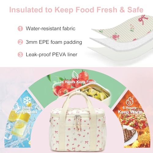 BTOOP Insulated Lunch Bag for Women, Cute Leakproof Lunch Tote, Large Capacity Aesthetic Lunch Box Bag with Shoulder Strap for Work, School, Picnic Pink Bow Floral - color: Pink Bow-Floral, size: Medium