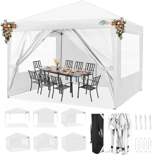 COBIZI 10x10 Pop Up Canopy Tent with 4 Sidewalls Party Tents Waterproof UPF 50+ Commercial Instant Outdoor Events Tent for Parties Markets Backyard, Ropes（10 x 10 ft White - color: White, size: 10x10FT with 4 sidewalls