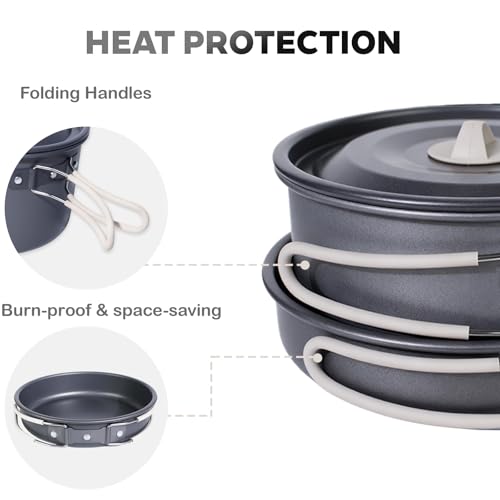 DA DINITHRON 10-Piece Camping Cookware Set, Lightweight Hard-Anodized Aluminum Pots and Pans with 1.1L Kettle, Non-Stick & Compact Nesting Design for Backpacking and Hiking (650g)