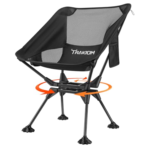 Trakiom 360° Swivel Folding Camping Chairs, Compact and Portable Chair for Outdoor Camp, Foldable Chairs with Anti-Sinking Large Feet for Travel, Beach, Picnic, Sports, Fishing Support 300 LBS(Black)
