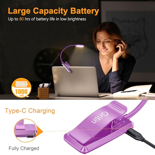 Gritin 9 LED Rechargeable Book Light for Reading in Bed - Eye Caring 3 Color Temperatures,Stepless Dimming Brightness,80 Hrs Runtime Small Lightweight Clip On Book Reading Light-Dark Purple - color: Dark Purple