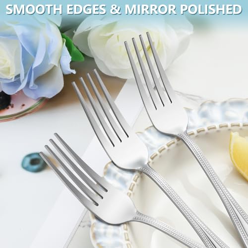 24-Piece Dinner Fork Set, 8-Inch Silverware, Stainless Steel, Elegant Pearl Dot Handle, Dishwasher Safe - color: Polished Silver