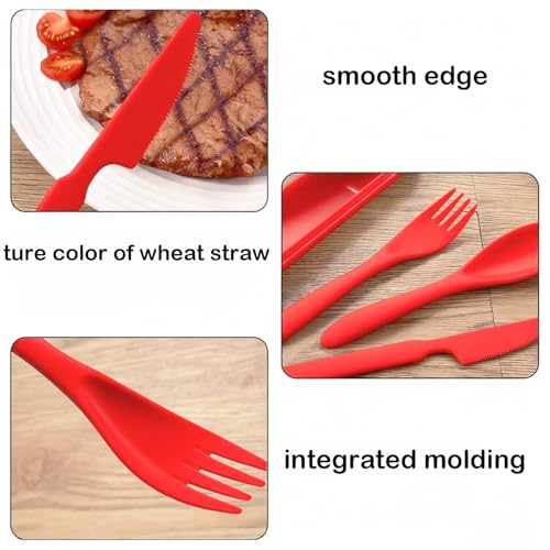 Travel Picnic Camping Utensils Set - Reusable 5 Sets Wheat Straw Plastic Cutlery with Case, Portable Forks Spoons and Knives Cutlery, Eco-Friendly BPA Free for Daily Use (5 Red) - color: 5 Red