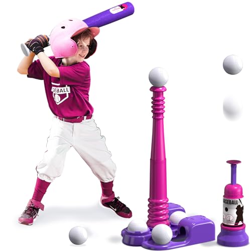 QDRAGON 2 in 1 T Ball Sets for Kids 3-5 5-8, Tee Ball Set with Automatic Pitching Machine/Adjustable Batting Bat & Stand/6 Balls, Baseball Toys Outdoor Sport for Toddlers Girls, Pink - color: Pink