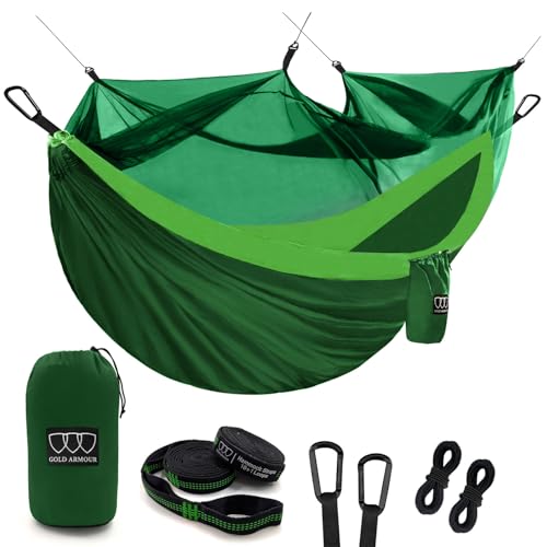 Gold Armour Camping Hammock - Camping Essentials, Double Hammock with Bug Net, Camping Gear Portable Hammock for Outside, Hiking, and Travel (Green & Lime Green) - color: Green & Lime Green