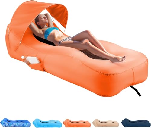 Inflatable Lounger with Detachable Sunshade — Portable Inflatable Sofa — Waterproof Beach Bed & Camping Chair (Ideal for Music Festivals, Hiking,) — Leak-Proof 210T Polyester Material (Orange) - color: Orange