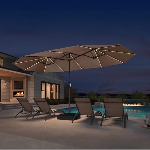 PURPLE LEAF 15ft Patio Market Umbrella with Solar LED and Base Double-Sided Rectangle Outdoor Table Sun Umbrellas with Crank for Pool Beach Deck Backyard Taupe - color: Taupe, size: 15' X 9' with Lights
