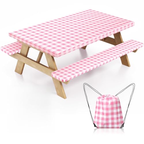 Picnic Table Cover with Bench Covers and Bag, Camping Table Camping Essentials Cover with Elastic Edges(Pink) - color: Pink