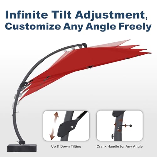 11FT Cantilever Umbrella with Base Large Curvy Outdoor Aluminum Offset Umbrella w/ 360° Rotation, UV Resistant Canopy for Patio, Garden, Backyard, Red - color: Red, size: 11FT