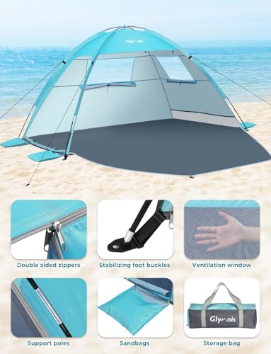 Glymnis Beach Tent Sun Shelter for 3 Person with UPF 50+ UV Protection, Lightweight & Easy Setup Beach Shade Canopy with Vent Windows & Zippered Door - Blue - color: Blue, size: 3 Person