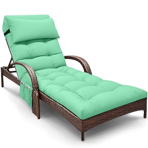 Outdoor Chaise Lounge Cushion, Waterproof Lounge Chair Cushion for Outdoor Furniture, 71 x 21 x 4 Inches Patio Cushion with Straps for Lawn Pool Furniture (Cyan, Lounge Chair Cushion) - color: Cyan