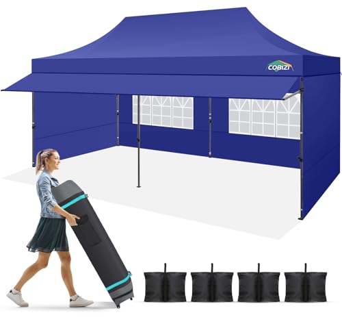 COBIZI 10x20 Pop Up Canopy Tent with Awning & Sidewalls, Heavy Duty Commercial 10X20 Canopy Tents Instant Waterproof, UPF 50+ Sun Shade for Outdoor, Parties, Markets (Deep Blue) - color: Deep blue, size: 10x20FT with 4 Sidewalls & 1 Awning Cloth