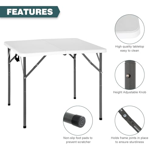 FDW 34" Square Outdoor Dining Table, Foldable Portable Plastic Folding Card Table with Built in Carrying Handle and Height Adjustable for Party and Wedding Use, White - color: White, size: 34"