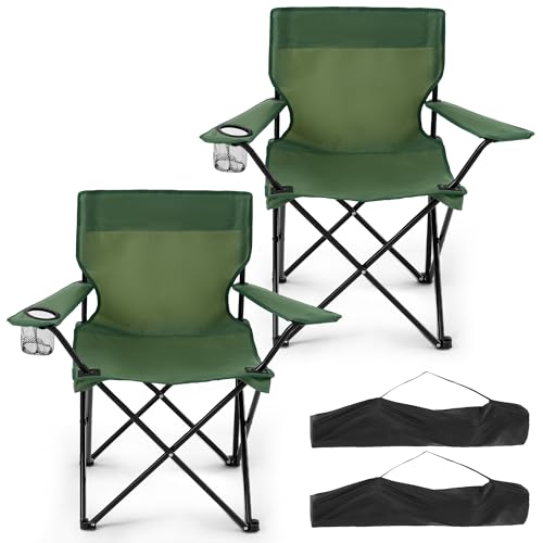2-Pack Foldable Camping Chairs with Cup Holder, 300LB Lawn Portable Folding Chairs for Adults, Lightweight Outdoor Beach Chairs with Carry Bag for Camp, Fishing, Sports (Green) - color: Green, size: 2pcs