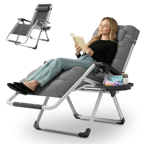 MoNiBloom Beach Chaise Lounge Chair, Patio Folding Recliner with Removable Cushion, Headrest & Tray, Portable Tanning Sunbathing Chair for Poolside Beach Porch Yard, Reinforced Bar, 330lbs Grey - color: Grey, size: Standard 1-Pack