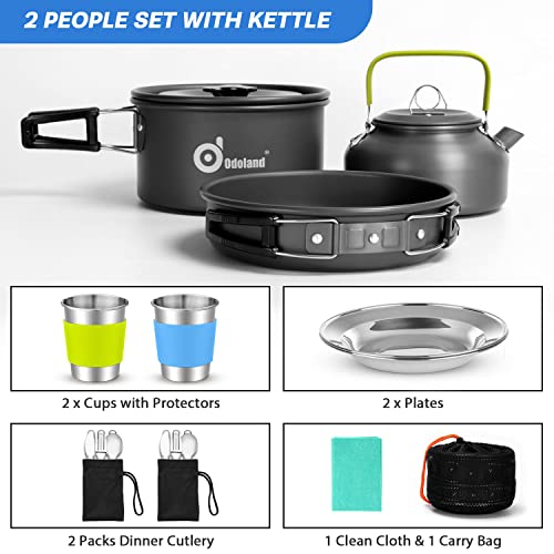 Odoland 15pcs Camping Cookware Mess Kit, Non-Stick Lightweight Pot Pan Kettle Set with Stainless Steel Cups Plates Forks Knives Spoons for Camping, Backpacking, Outdoor Cooking and Picnic - style: Black