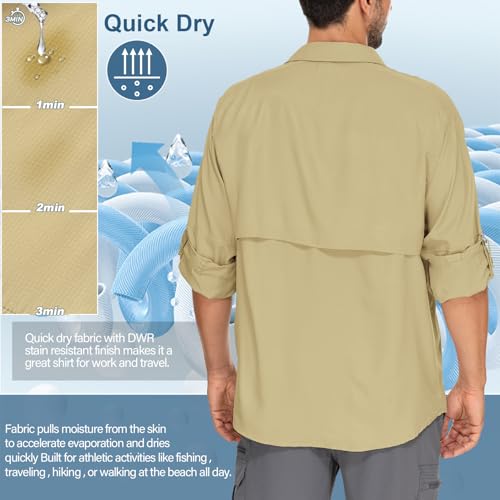 Mens Safari Shirts Long Sleeve UV Protection Hiking Fishing UPF 50+ Quick Dry Camping Travel Shirts - color: Mud, size: X-Large