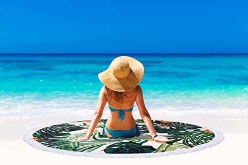 Benefeet Sox Beach Towel Large Round Mandala Pool Towels Tassels Microfiber Quick Dry Beach Blanket Throw Bohemian Roundie Swim Pool Circle Towel, 59 Inches - color: Tropical Palm Tree Leaf Flowers, Green
