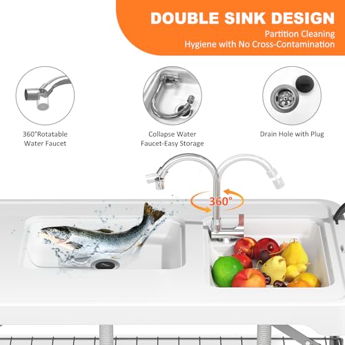 Folding Fish Cleaning Table with 2 Sinks, 42.5'' Portable Camping Sink Table with Foldable Faucet, Drainage Hose, Sprayer, Storage Box,Drawer & Grooves, Outdoor Fillet Station for Picnic, White - color: White