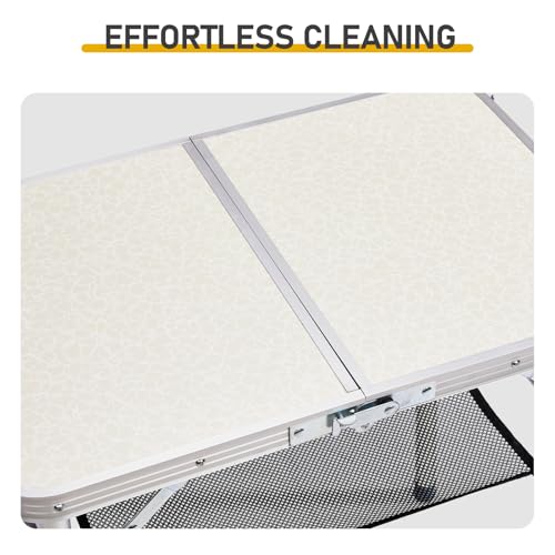 2FT Portable Folding Camping Table with 3 Adjustable Heights – Lightweight Aluminum Picnic & Patio Side Table with Mesh Shelf & Carry Handle for Outdoor Indoor Use, White