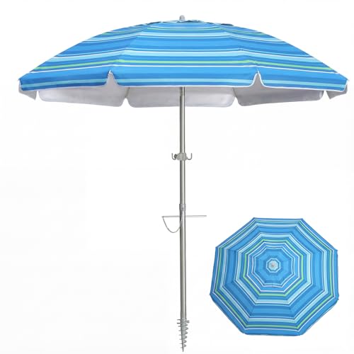 PASAMIC 7ft Beach Umbrella for Sand with Sand Anchor & Tilt, UPF 50+ Protection Beach Umbrellas for Heavy Duty Wind Portable with Carry Bag and Hook, for Patio Garden Pool, Light Blue Stripes - color: Light Blue Stripes, size: 7FT